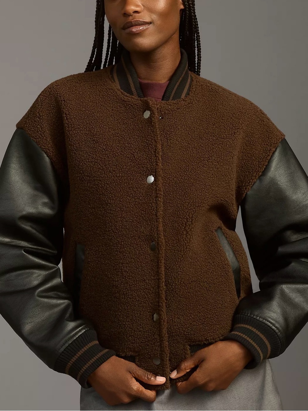 By Anthropologie Sherpa Varsity Bomber Jacket Brown/Black Faux Leather Sleeve